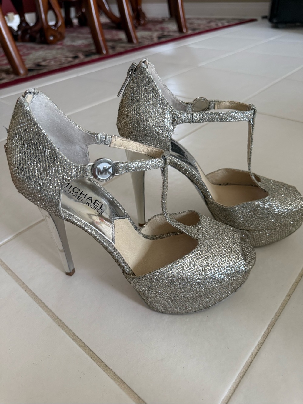 Michael Kors Silver Glitter T-Strap Platform Heels